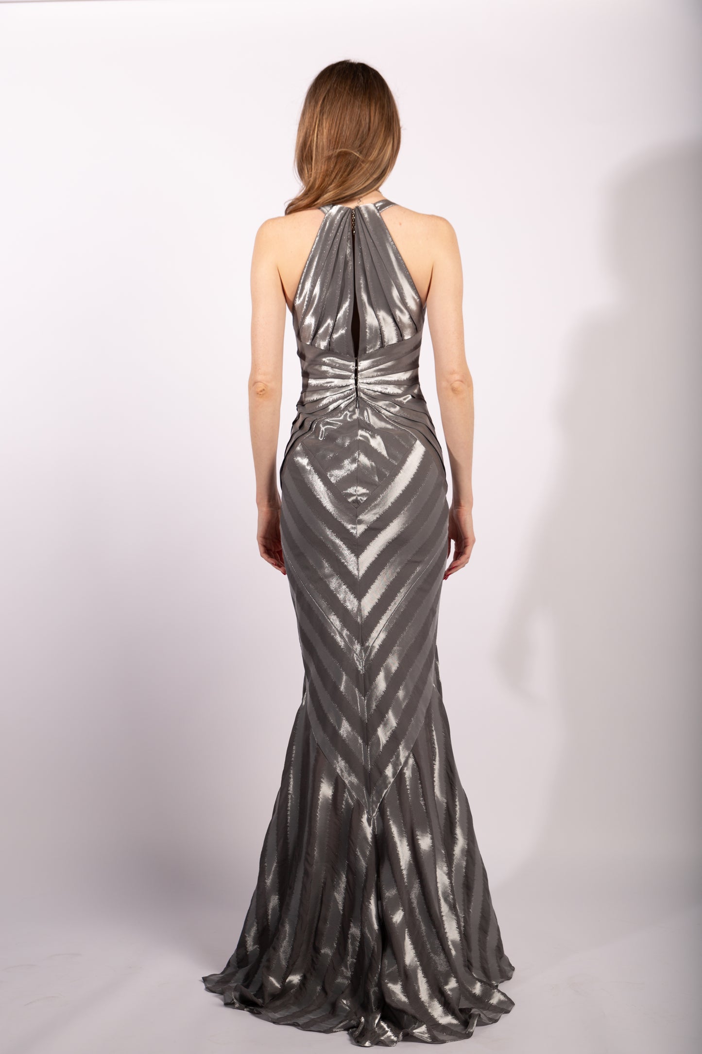 Zac Posen Mermaid Gown in Silver/Gray Silk Viscose, Size IT38
