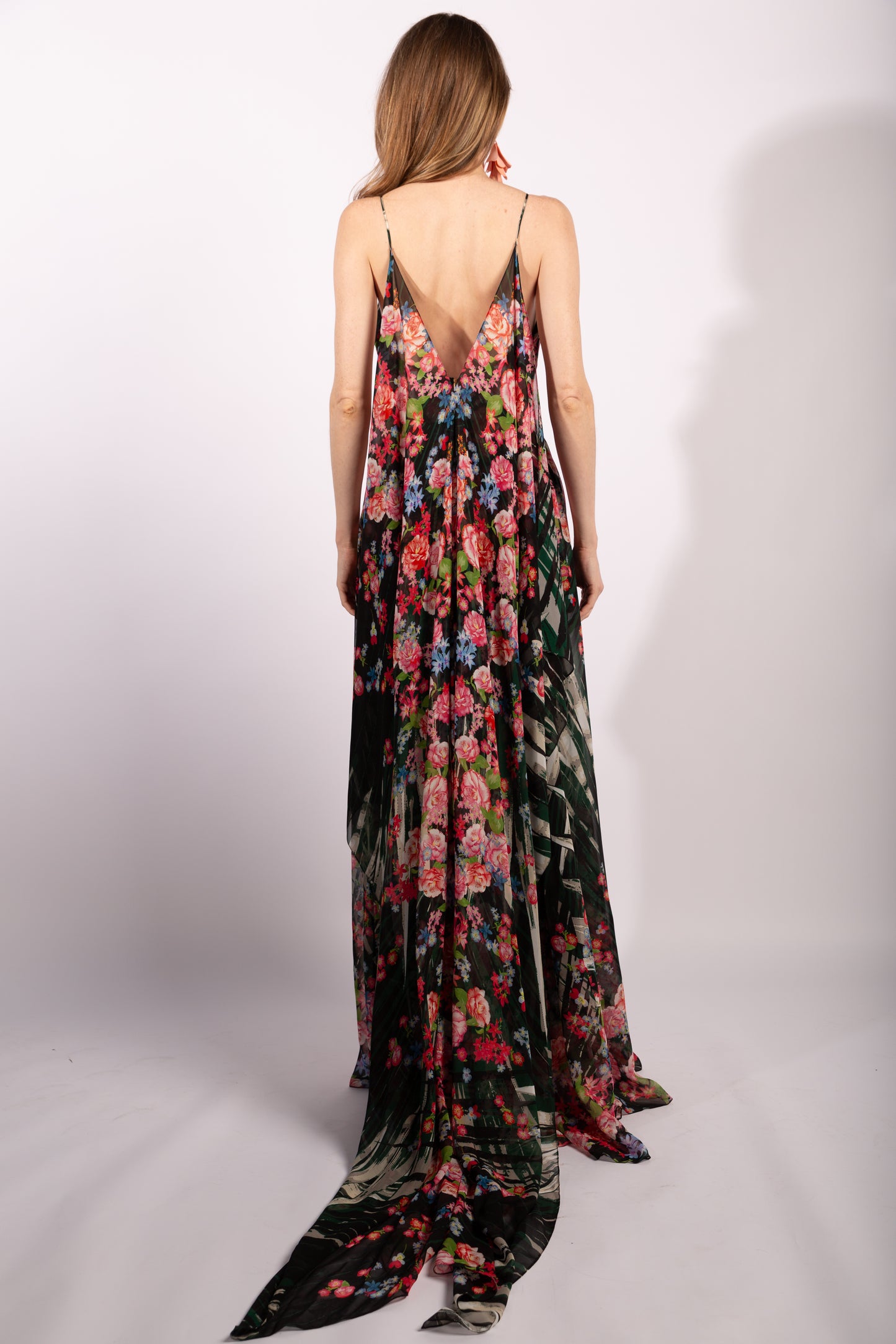Ellie Saab Flower Palm Print Silk 2016 Gown With Cape Effect, Size FR38