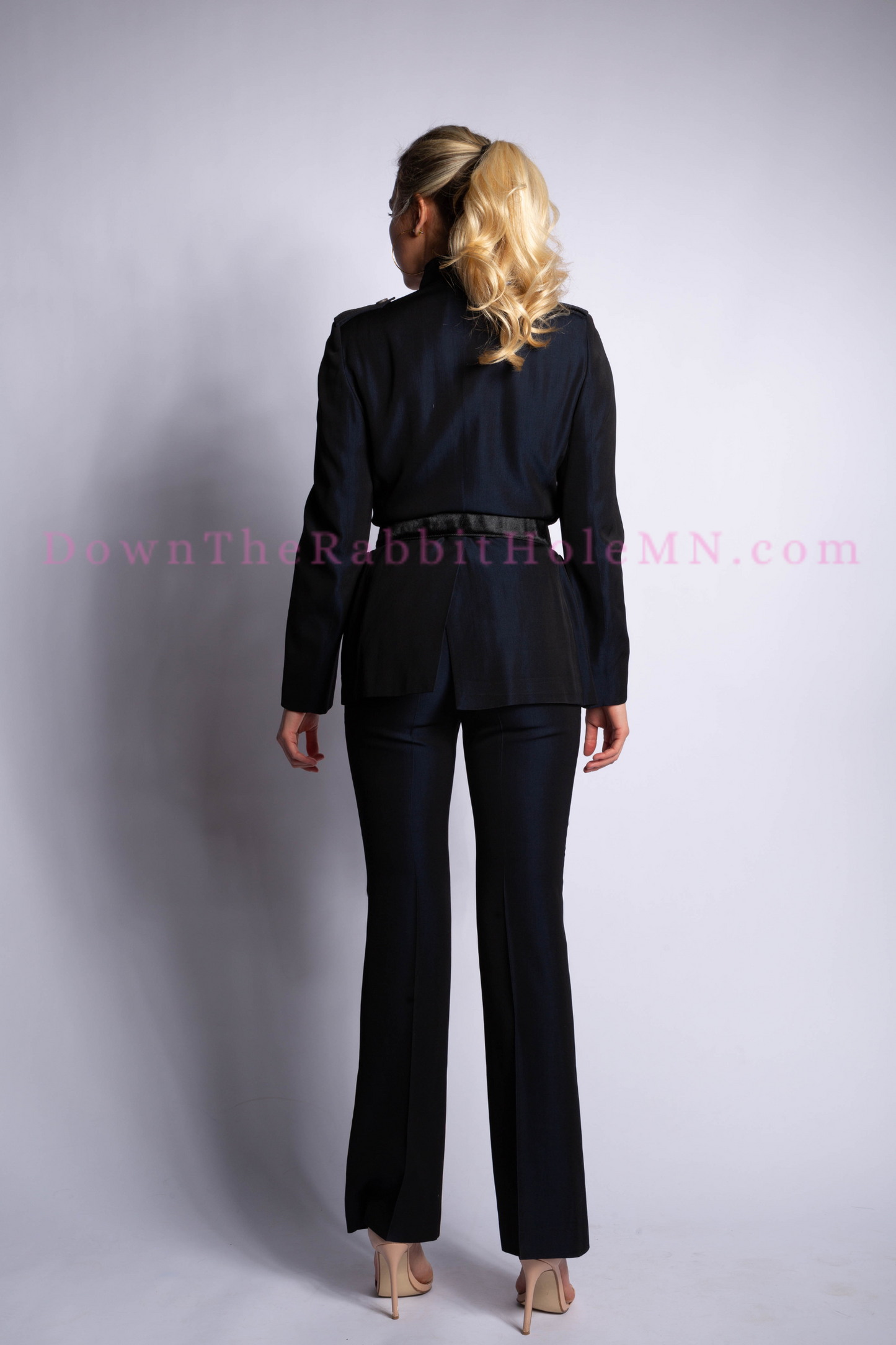 Gucci by Tom Ford F/W 1996 Runway Plunging Iridescent Navy Pantsuit