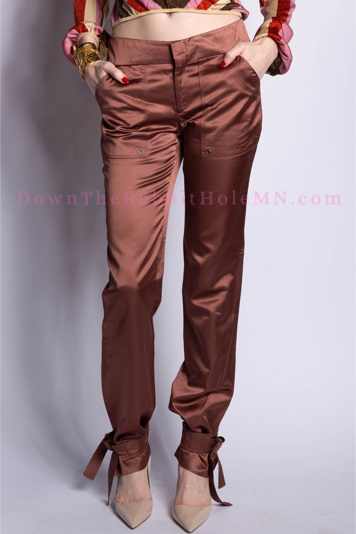 Gucci by Tom Ford Brown Bondage Satin Silk Pant with Ankle Straps 2002 Size IT42