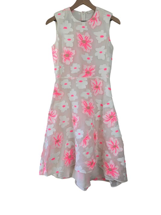 Chloé White and Florescent Pink Floral Embroidered Organza High Low Dress Size 38