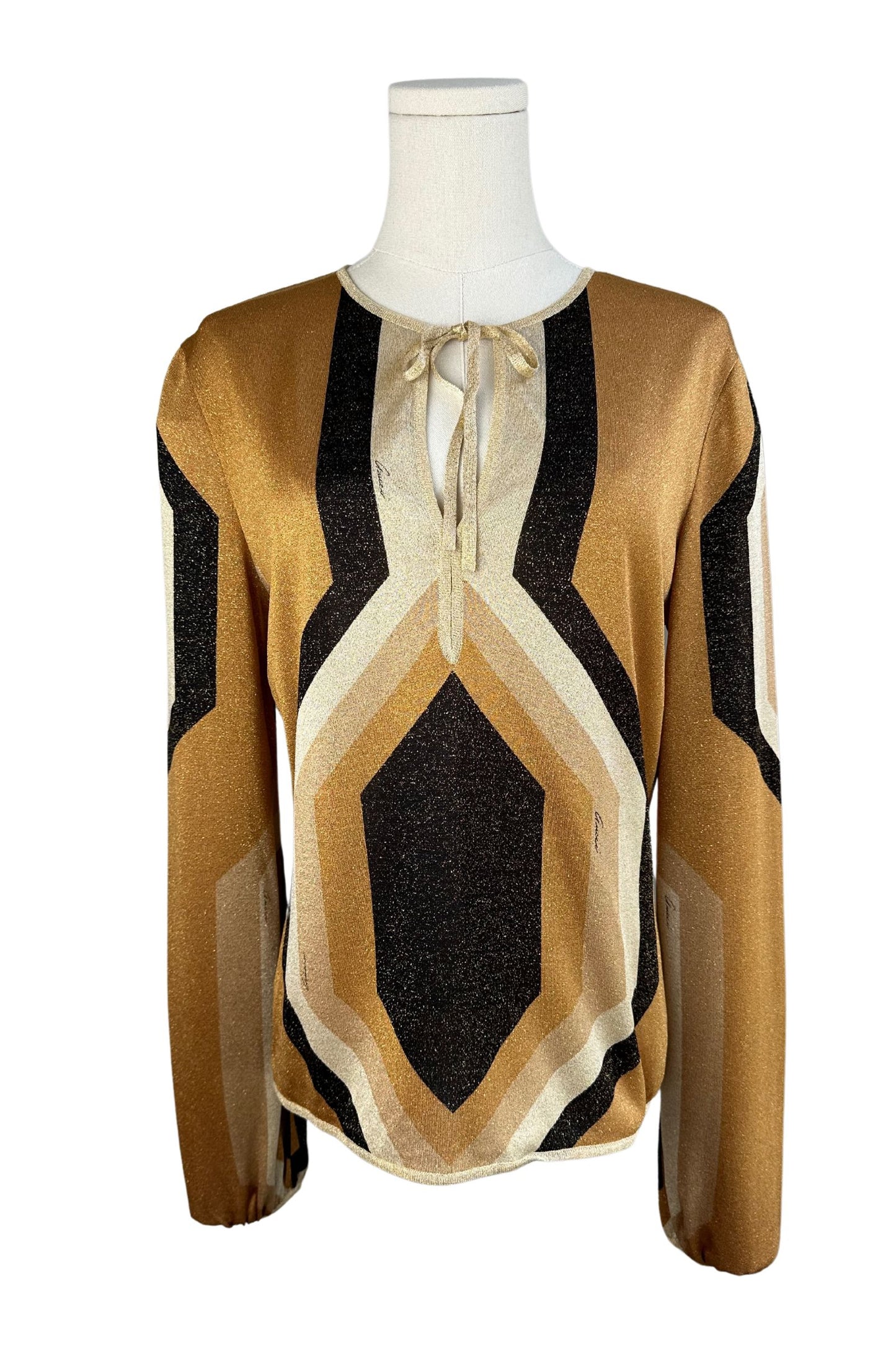 Gucci by Tom Ford F/W 2000 Collection Neutral Toned Kaleidoscope Metallic Lurex Knit Tie Front Blouse Size XL