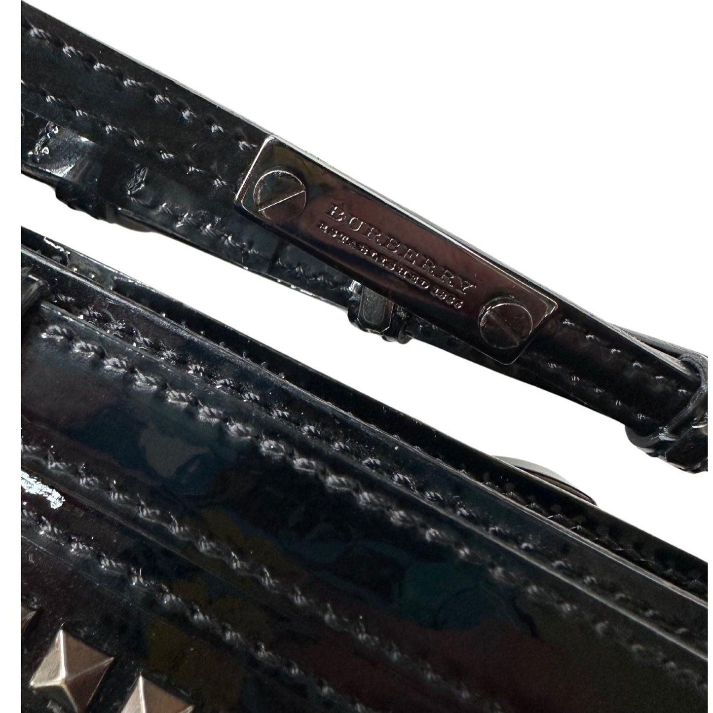 Burberry Black Patent Leather Hyde Studded Wristlet Clutch