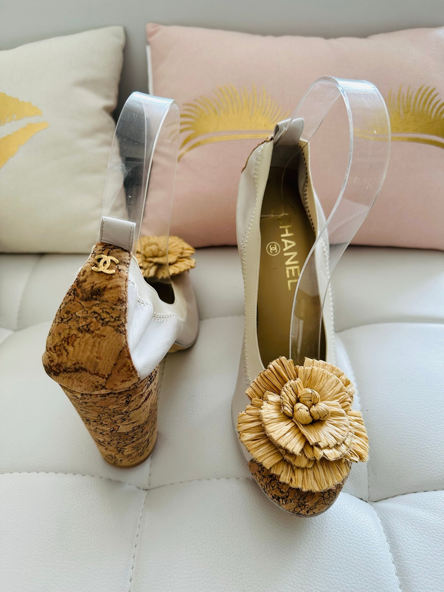 Chanel cork leather spirit pump with camellia 40