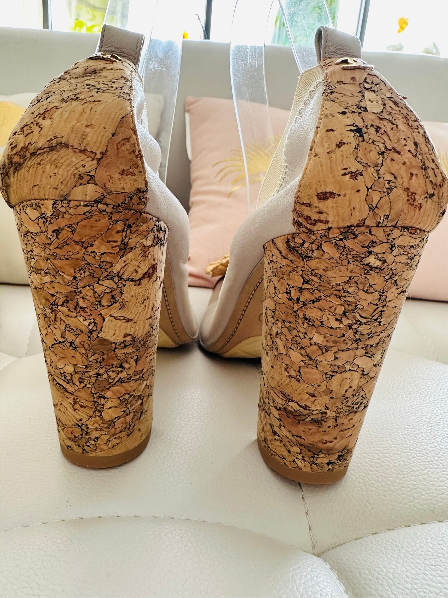 Chanel cork leather spirit pump with camellia 40
