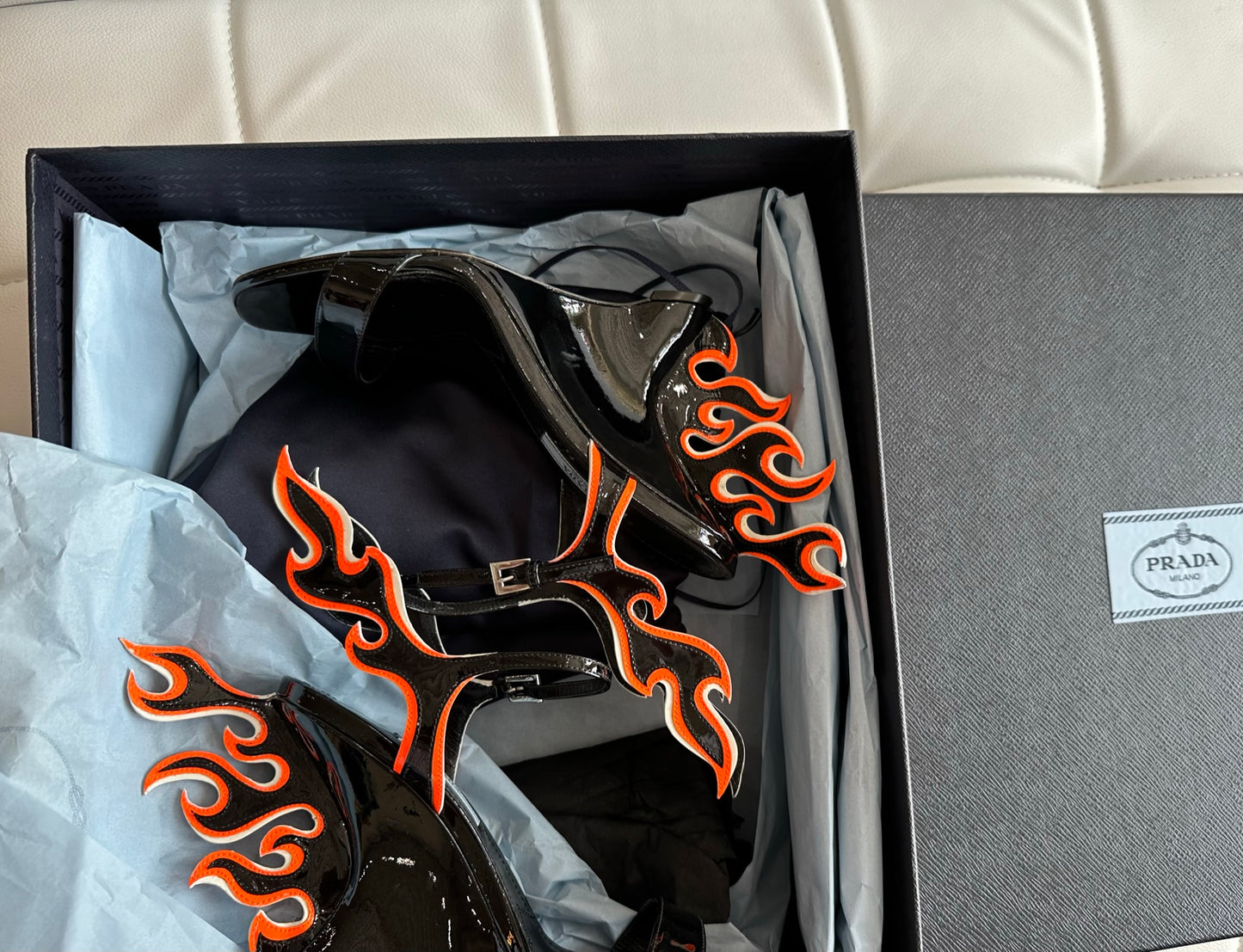 Prada black orange flame heels sandals shoes 37