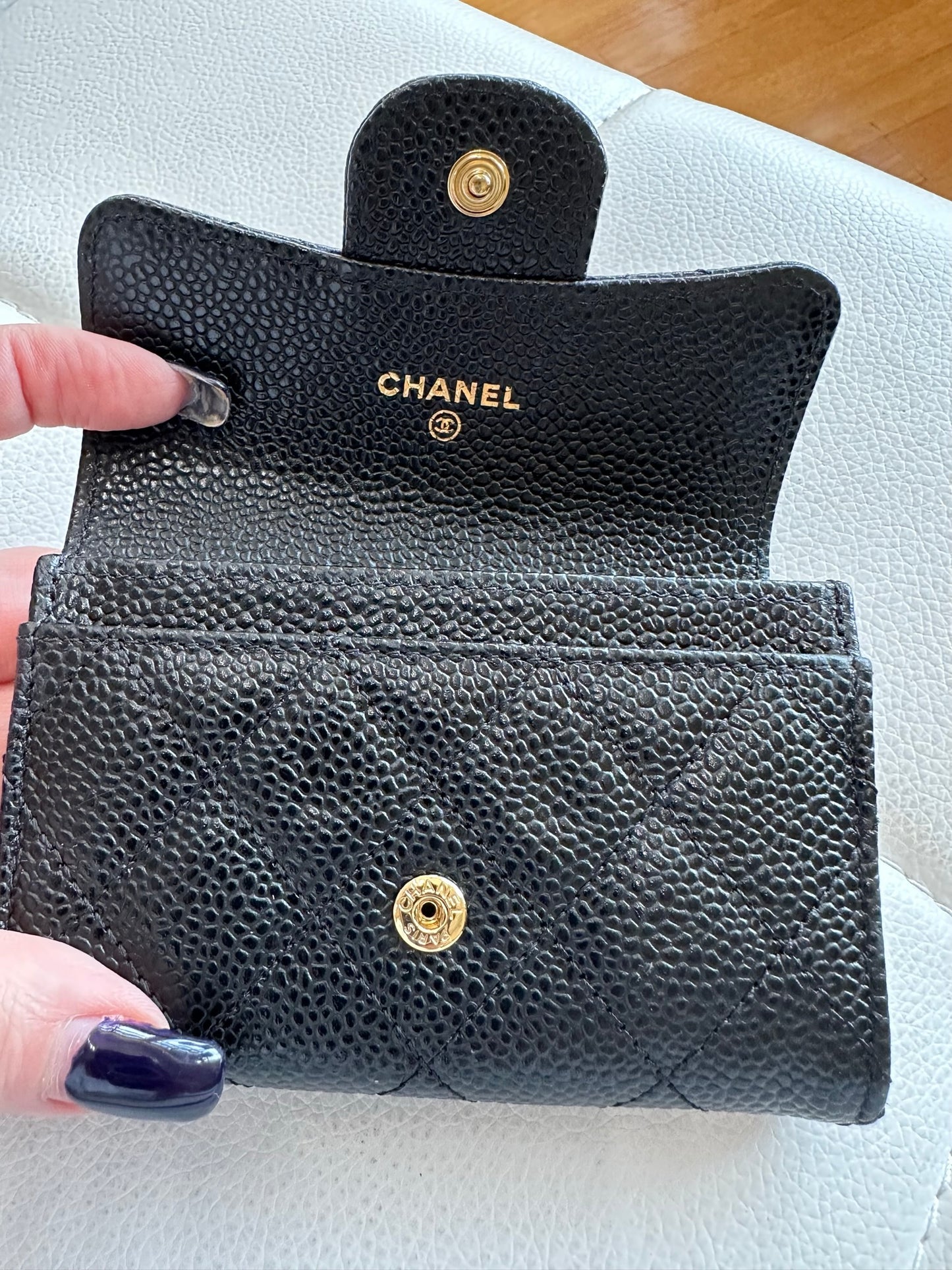 Chanel o card case holder black caviar gold cc full set
