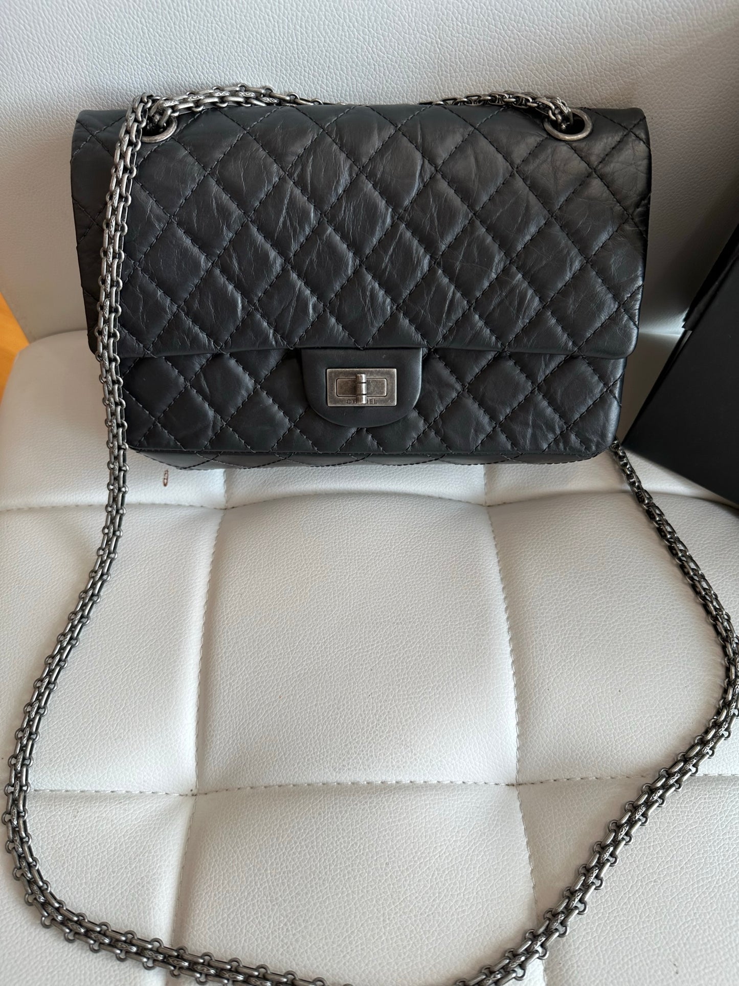 Chanel 2020 aged calfskin 2.55 medium 226 black ruthenium flap bag full set
