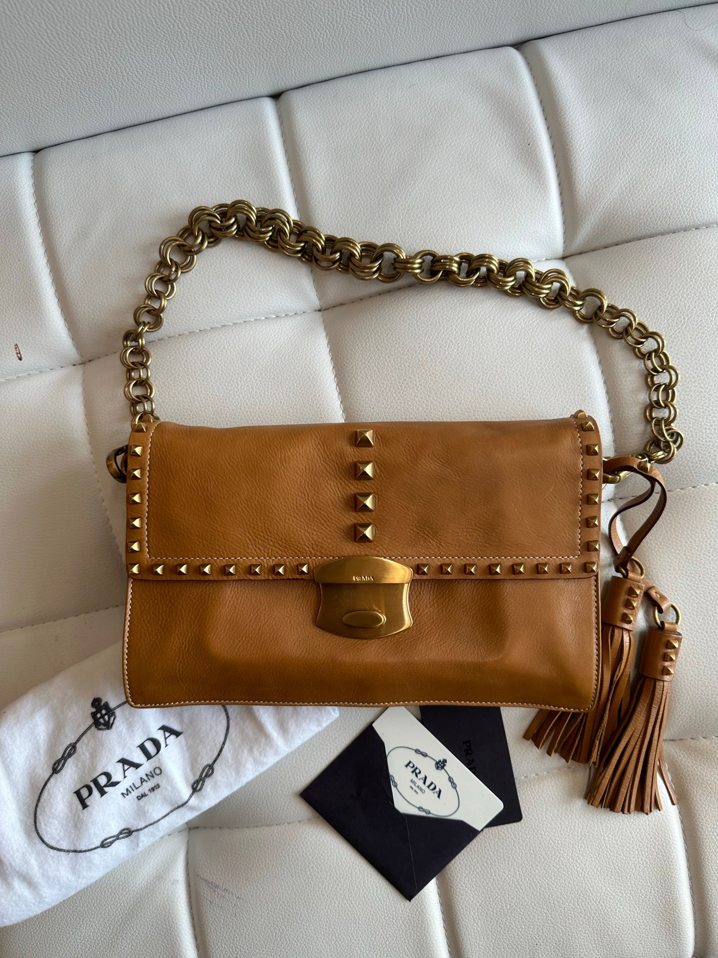 Prada vintage stud Tassel pushlock caramel chain purse BR2487