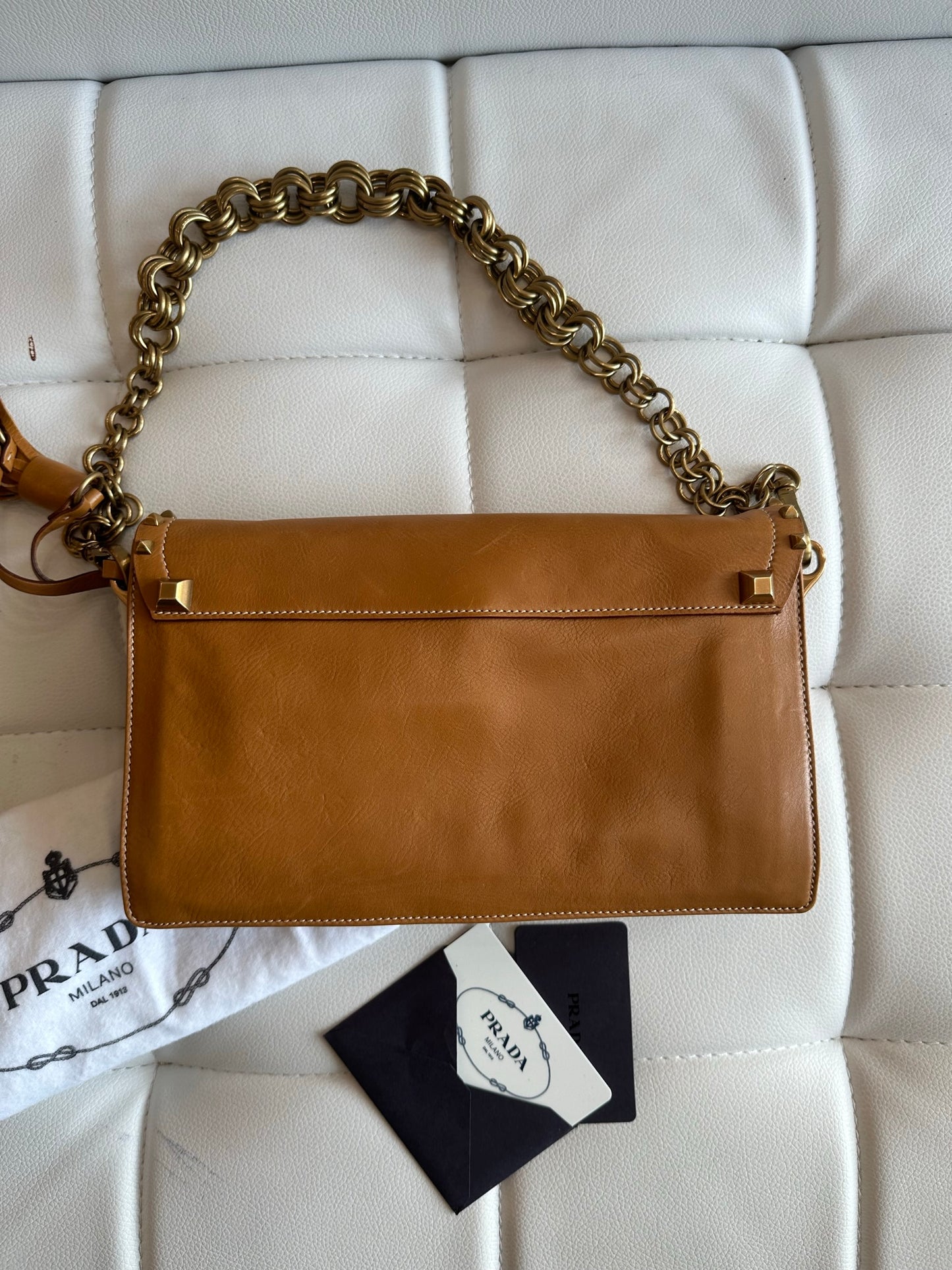 Prada vintage stud Tassel pushlock caramel chain purse BR2487