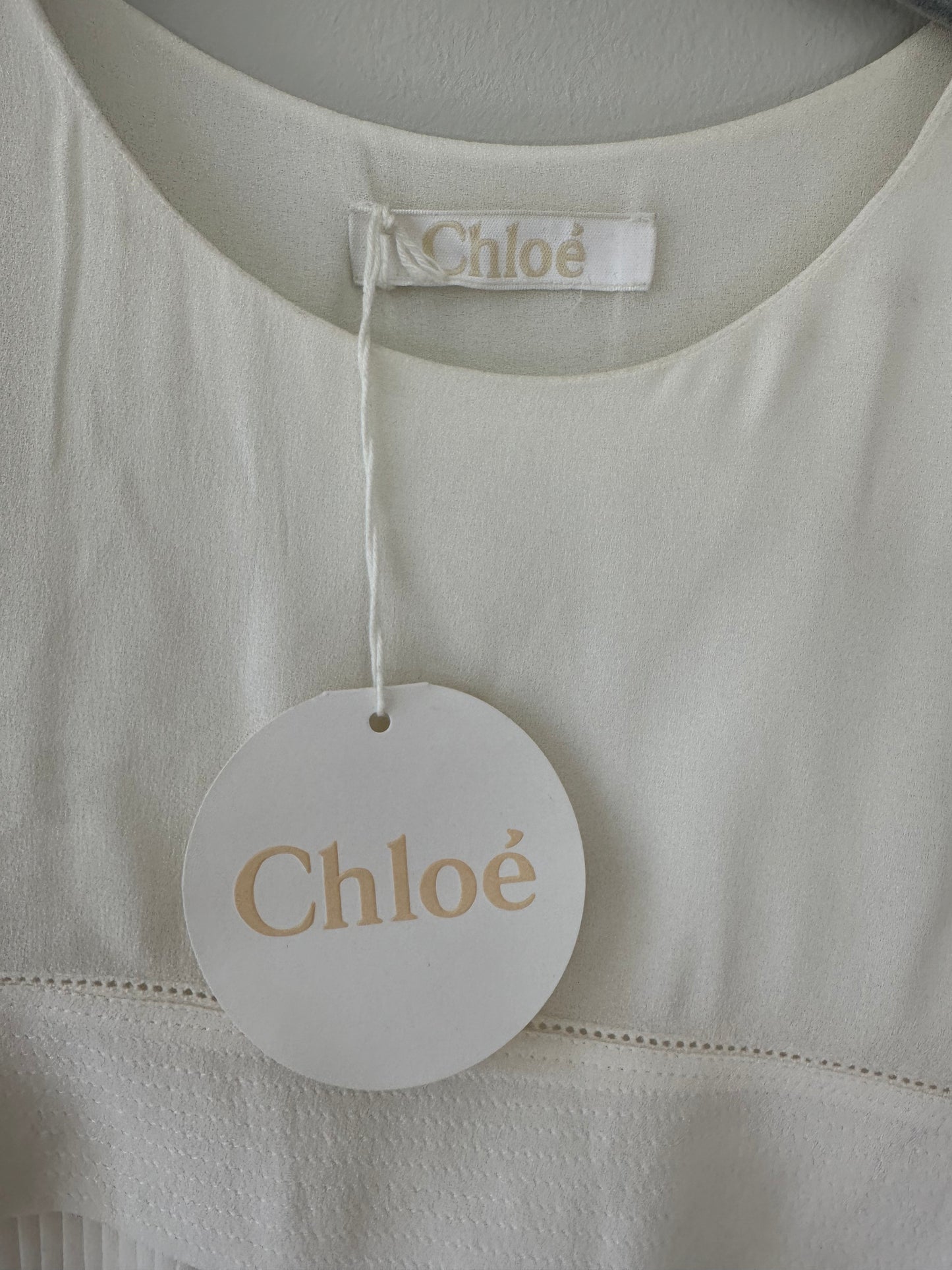 Chloe Butterfly Hem Crepe Square Collar Dress in White Viscose