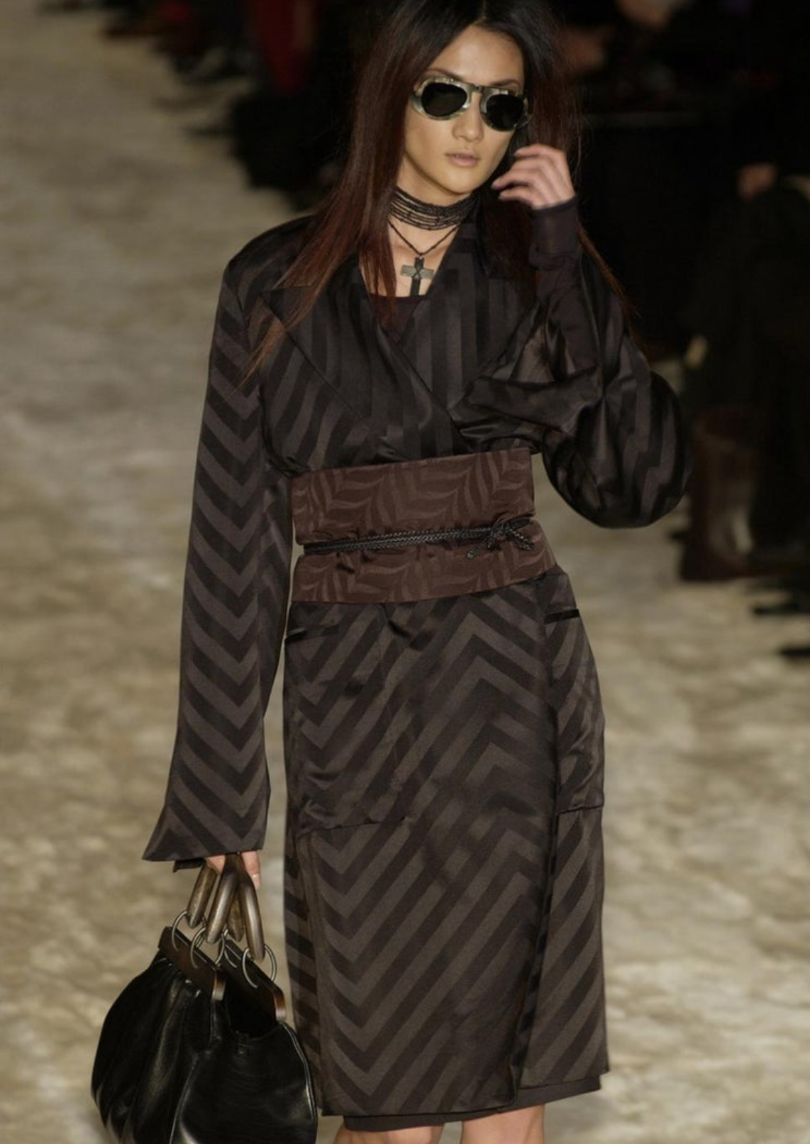 Gucci by Tom Ford F/W 2002 Black Silk Chevron Kimono Coat with Obi Belt IT38