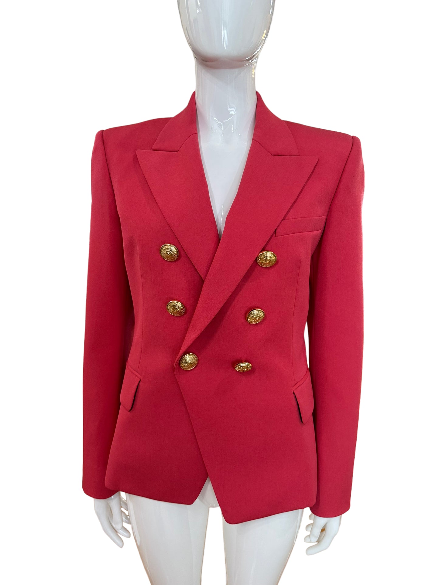 Balmain gold button watermelon wool blazer F 40