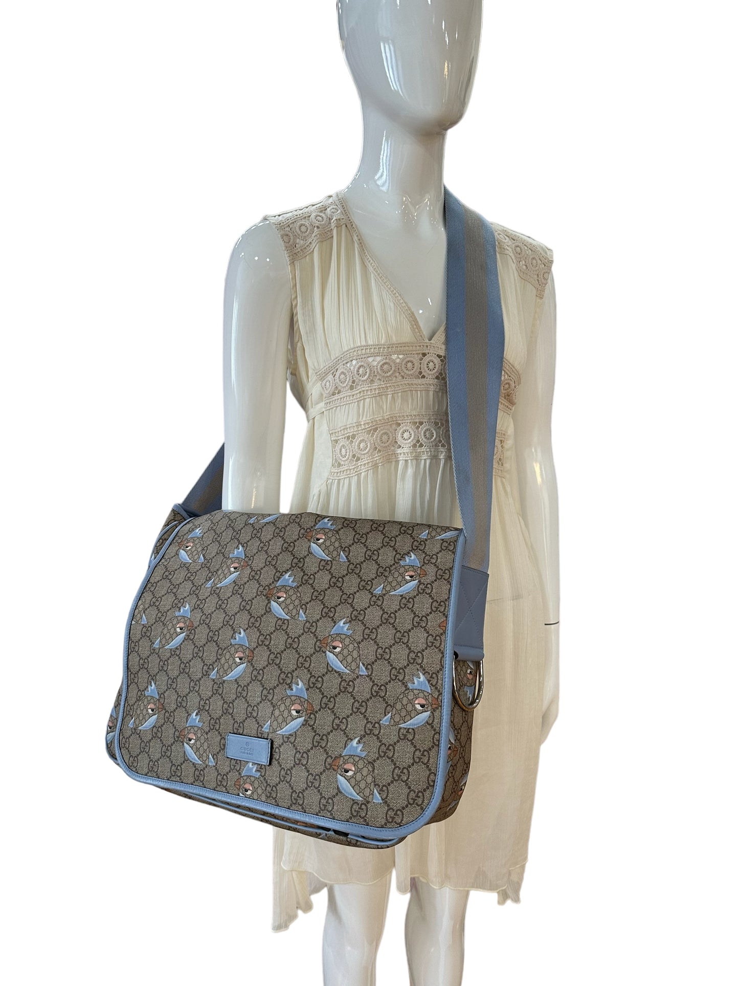 Gucci Guccissima bird print blue diaper bag