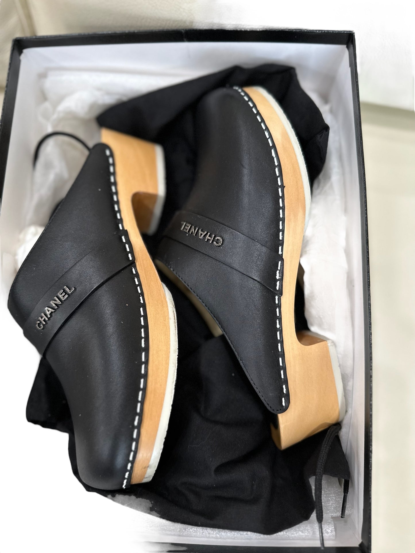Chanel 2012 black clog mules 38.5 in box