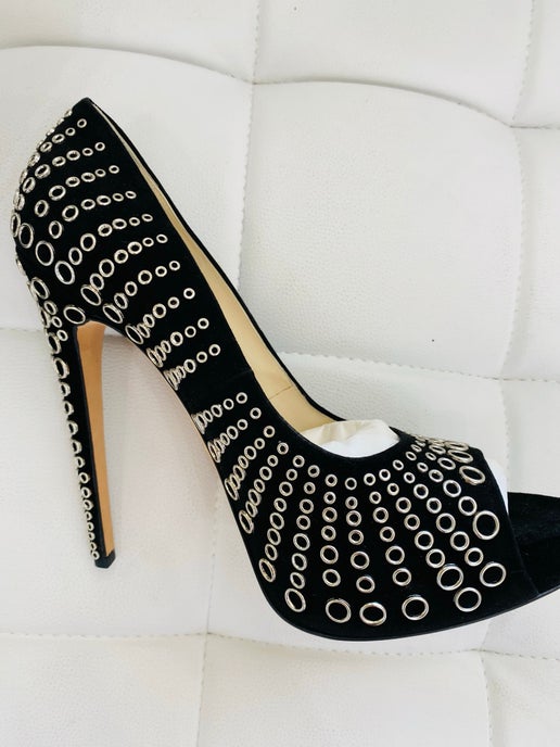 Brian Atwood black rivet heels 140 mm 41 New in Box