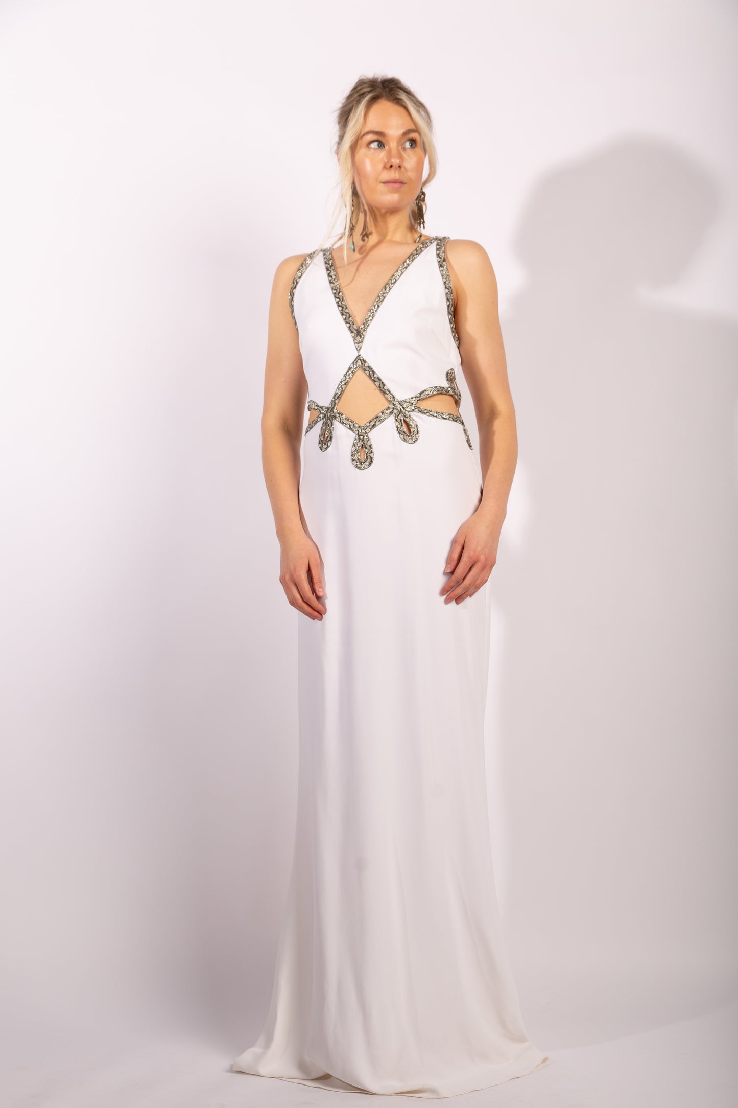 Roberto Cavalli White Cady Gown with Cutouts and Beaded Snake Skin Pattern Embellishment Size IT46