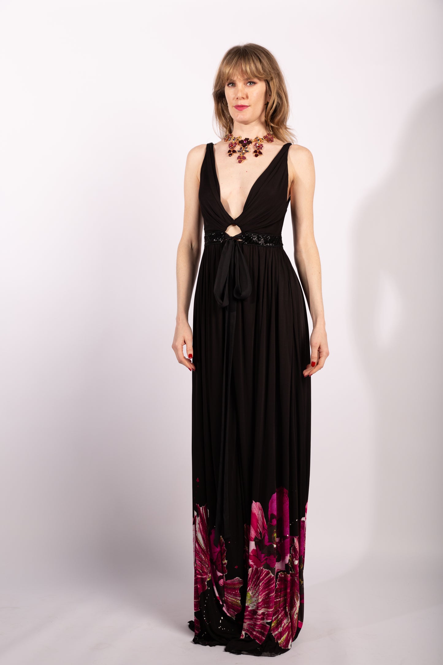 Roberto Cavalli Black Floral Printed and Embellished Waist Maxi Dress Size IT38