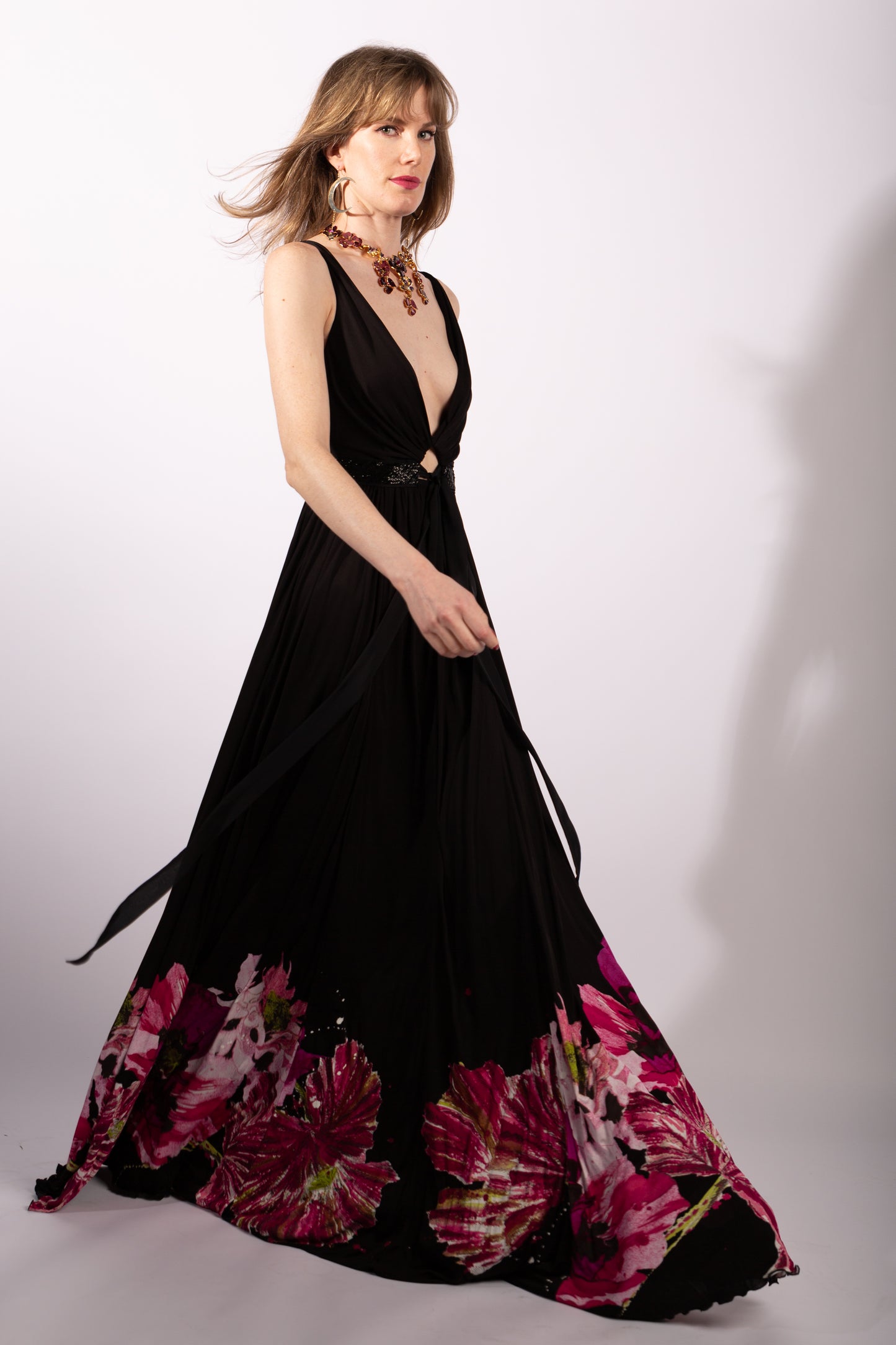 Roberto Cavalli Black Floral Printed and Embellished Waist Maxi Dress Size IT38