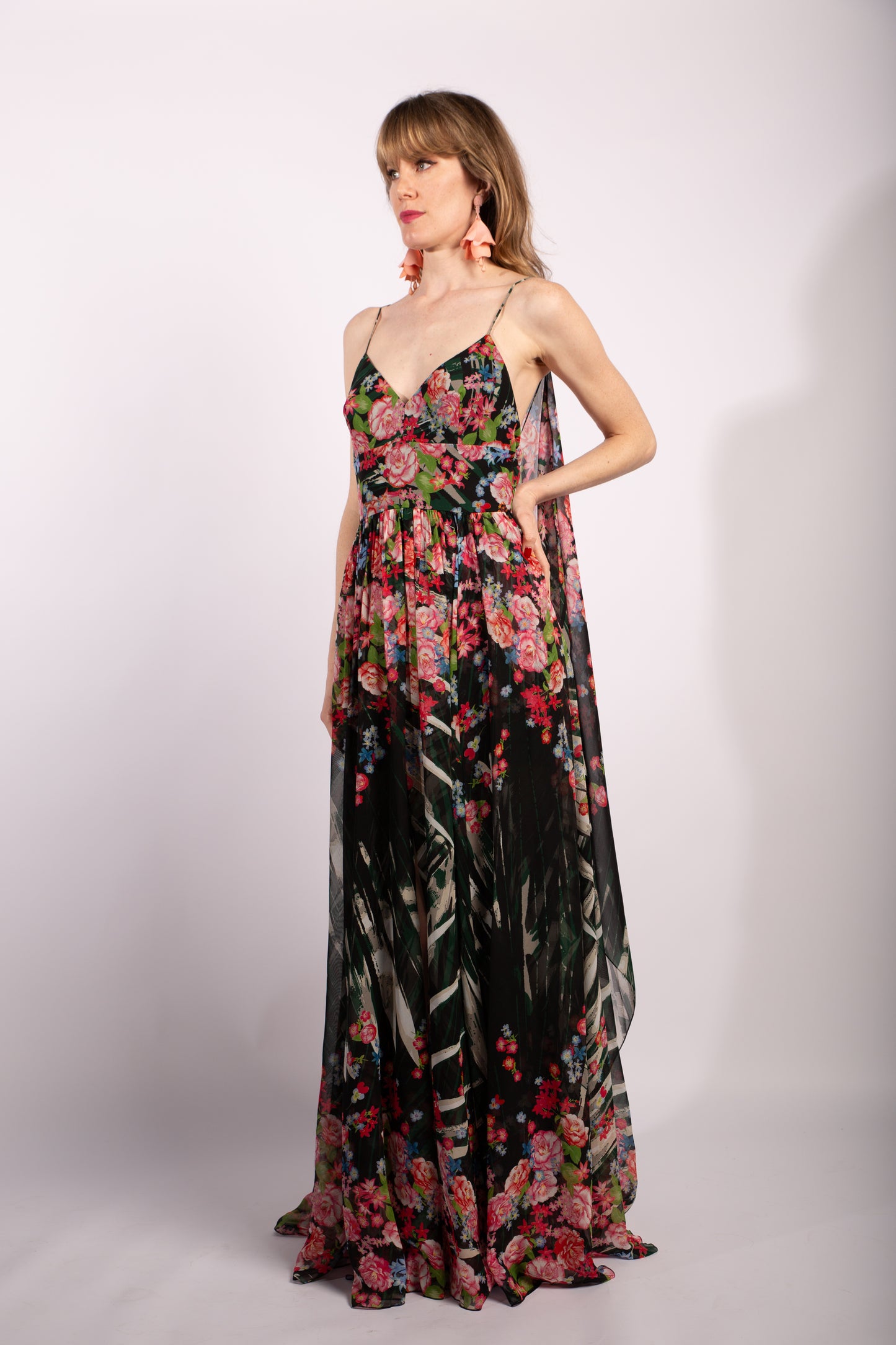 Ellie Saab Flower Palm Print Silk 2016 Gown With Cape Effect, Size FR38