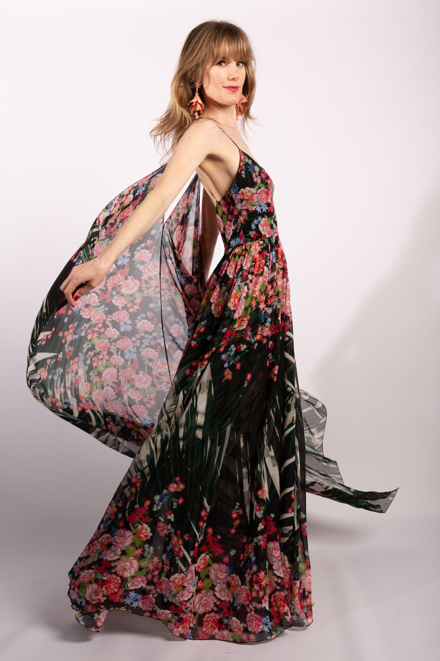 Ellie Saab Flower Palm Print Silk 2016 Gown With Cape Effect, Size FR38