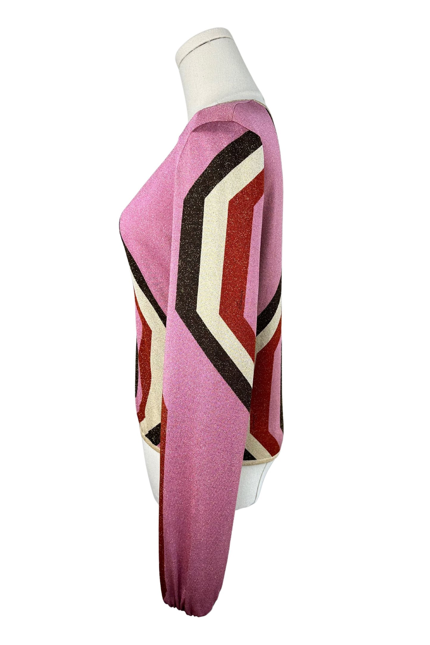 Gucci by Tom Ford F/W 2000 Collection Blush Toned Kaleidoscope Metallic Lurex Knit Tie Front Blouse Size Medium