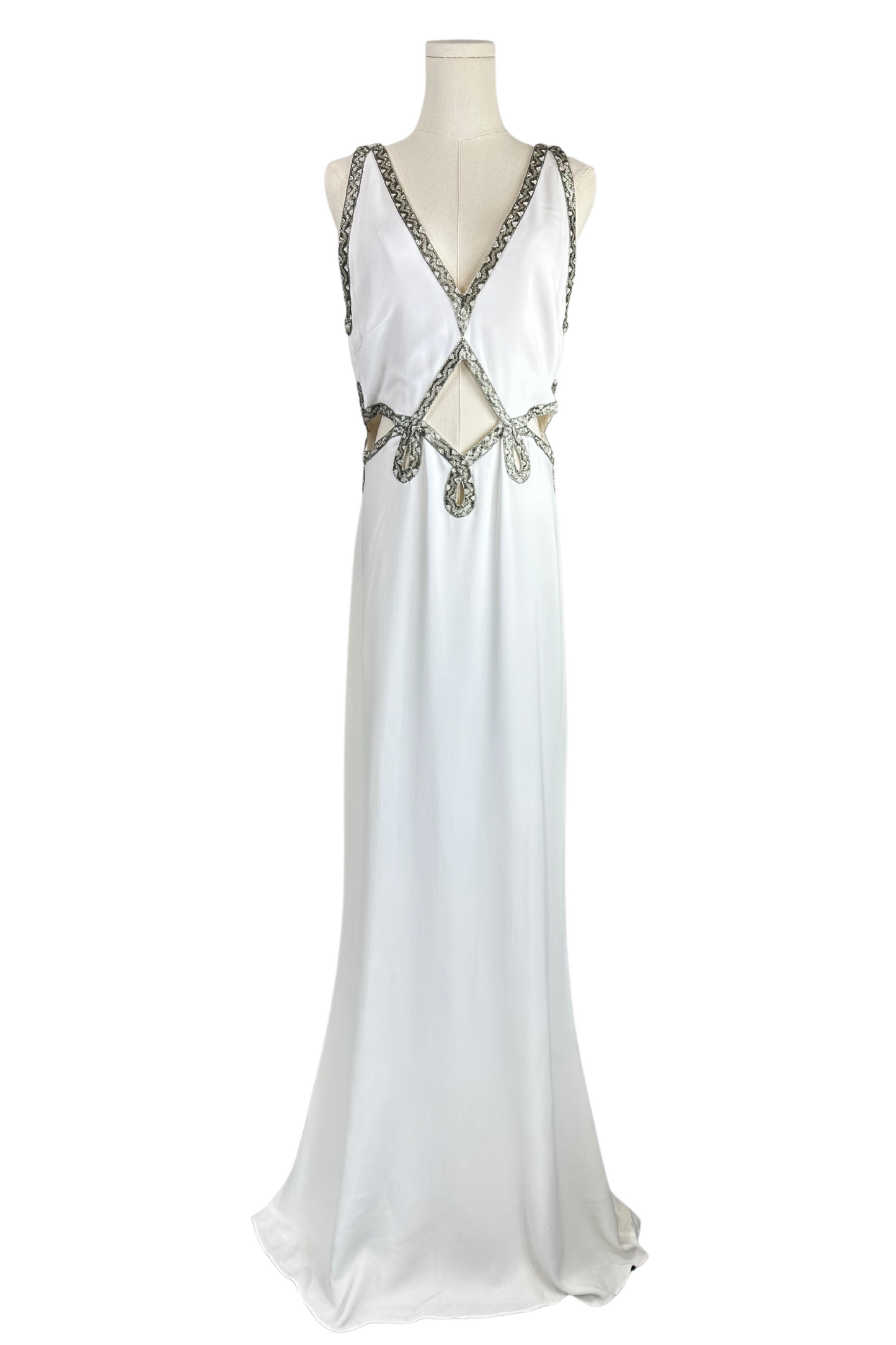 Roberto Cavalli White Cady Gown with Cutouts and Beaded Snake Skin Pattern Embellishment Size IT46