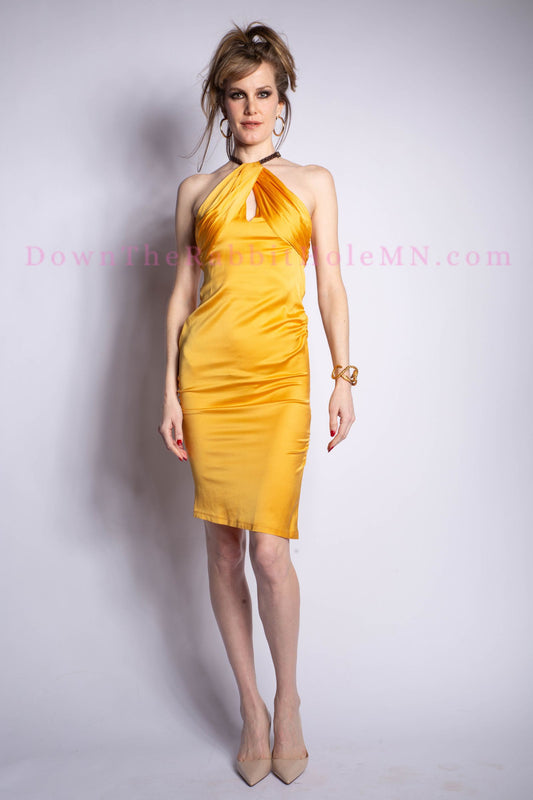 Gucci by Tom Ford S/S 2004 Marigold Yellow Ruched Satin Braided Leather Halter Dress Size IT42