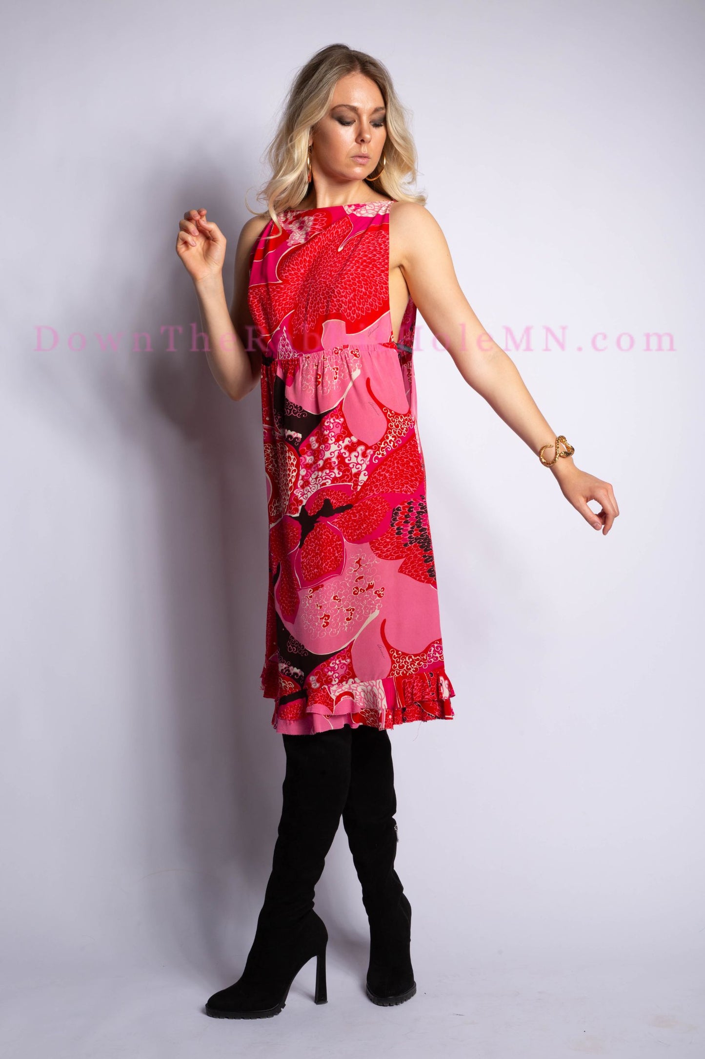 Gucci by Tom Ford S/S 1999 Pink Runway "Acid Flower" Silk Leather Strap Midi Dress Size IT40
