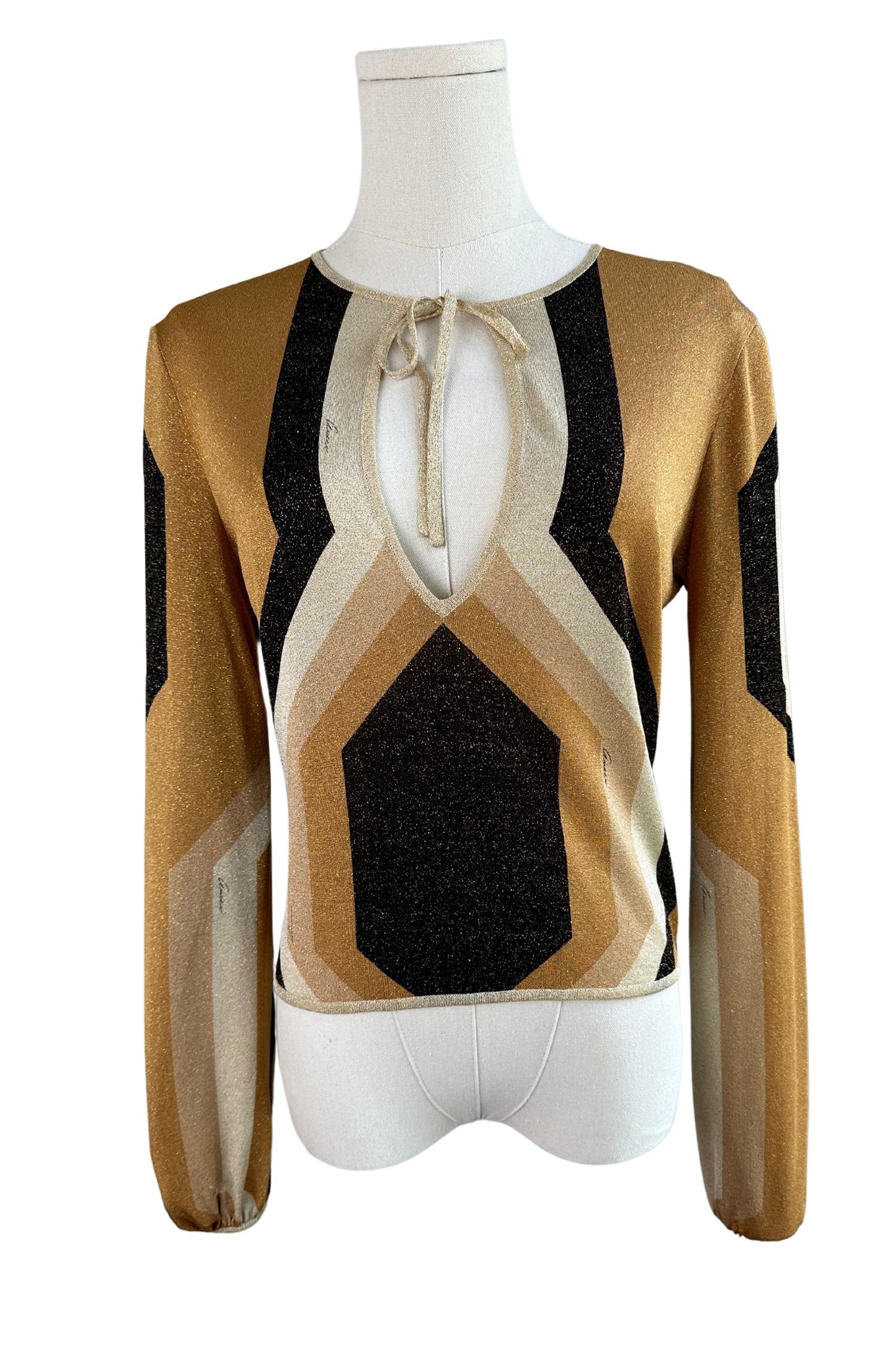 Gucci by Tom Ford F/W 2000 Collection Neutral Toned Kaleidoscope Metallic Lurex Knit Tie Front Blouse Size Small