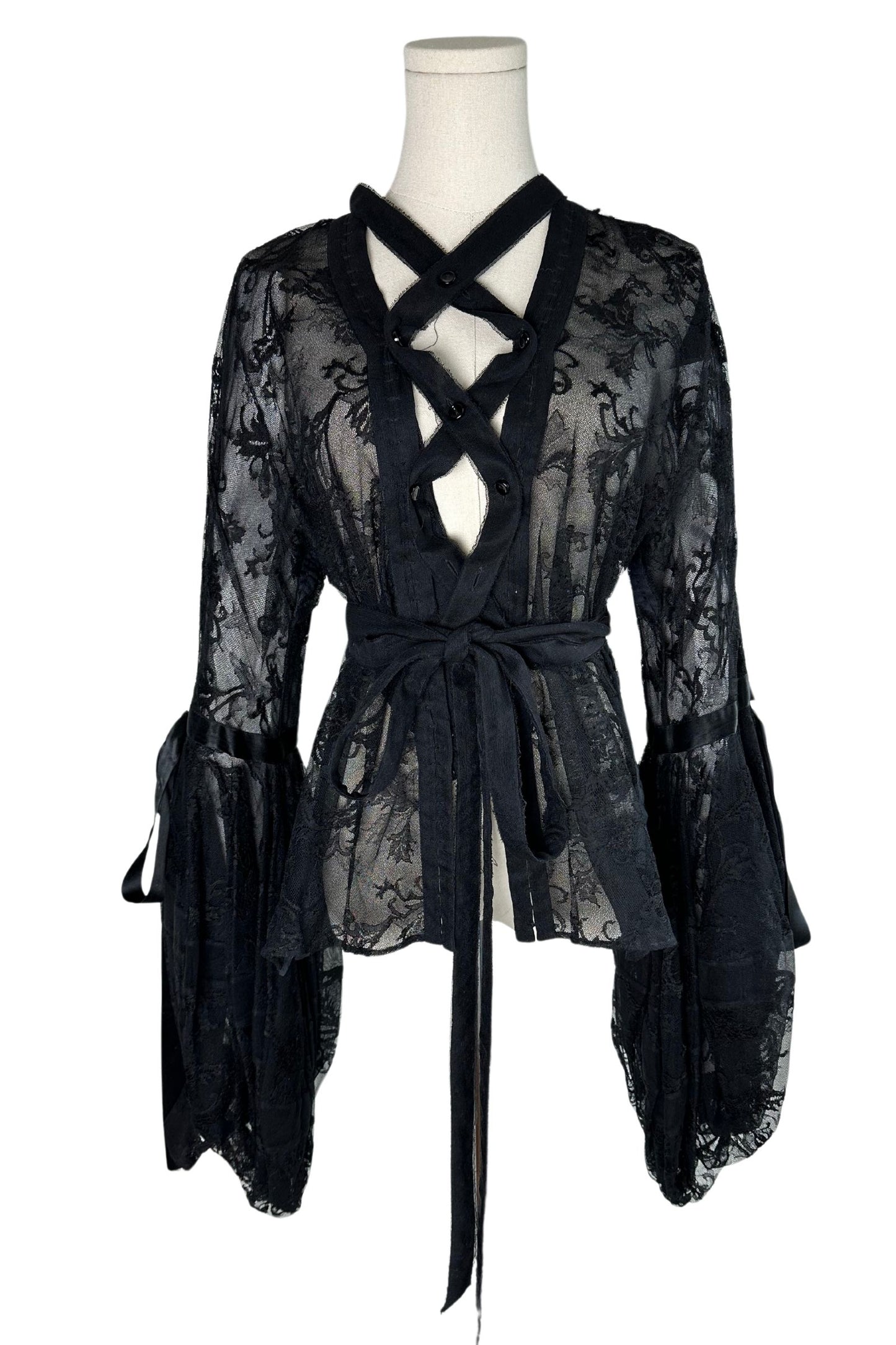 Yves Saint Laurent by Tom Ford F/W 2002 Runway Sheer Black Lace Corset Plunging Blouse Size S/M