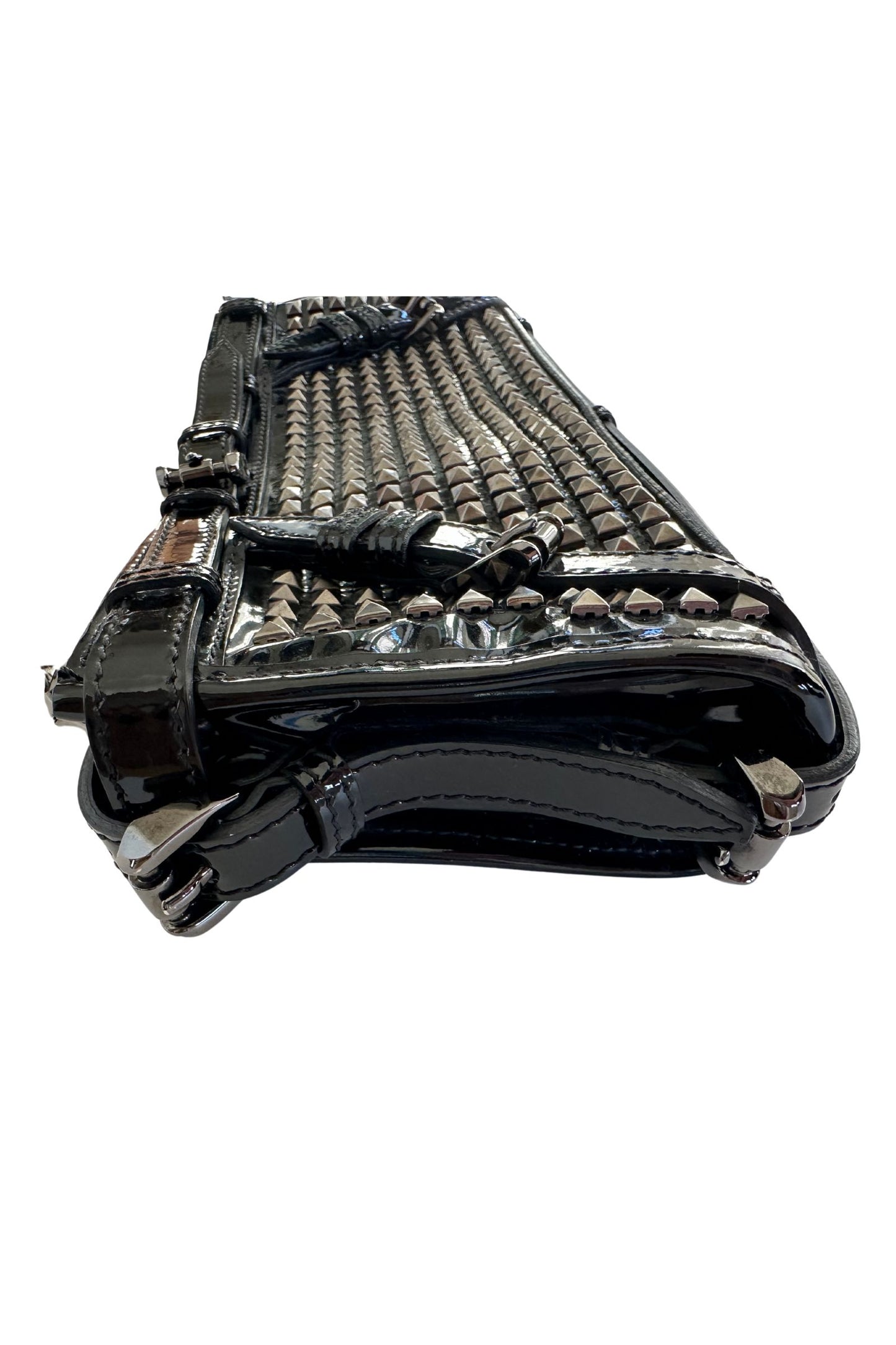 Burberry Black Patent Leather Hyde Studded Wristlet Clutch