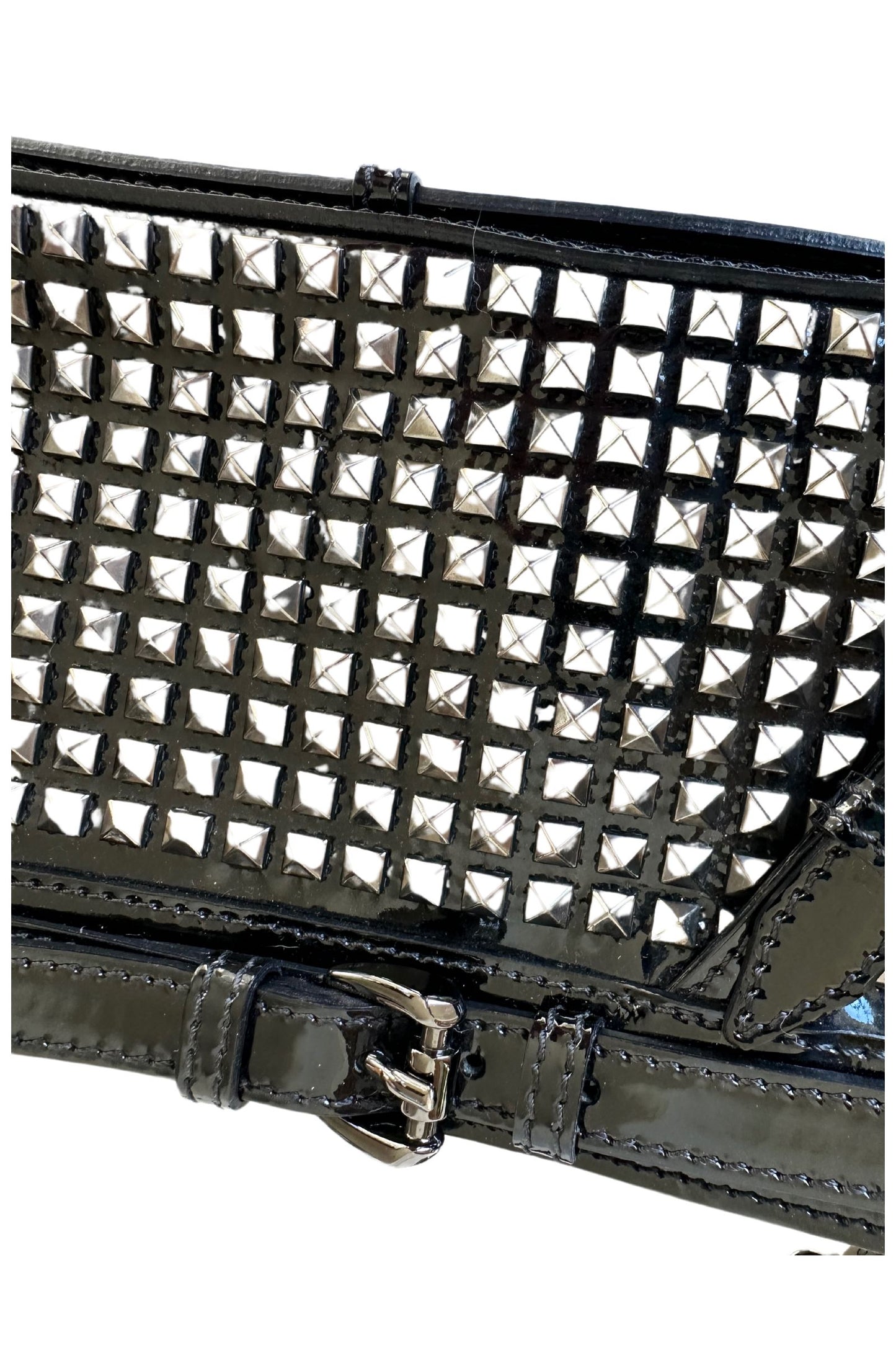Burberry Black Patent Leather Hyde Studded Wristlet Clutch