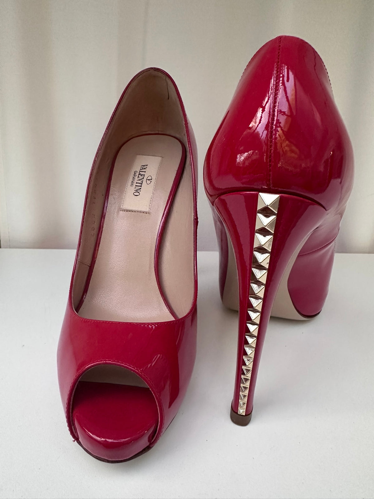 Valentino red patent peep toe rockstud heels 37