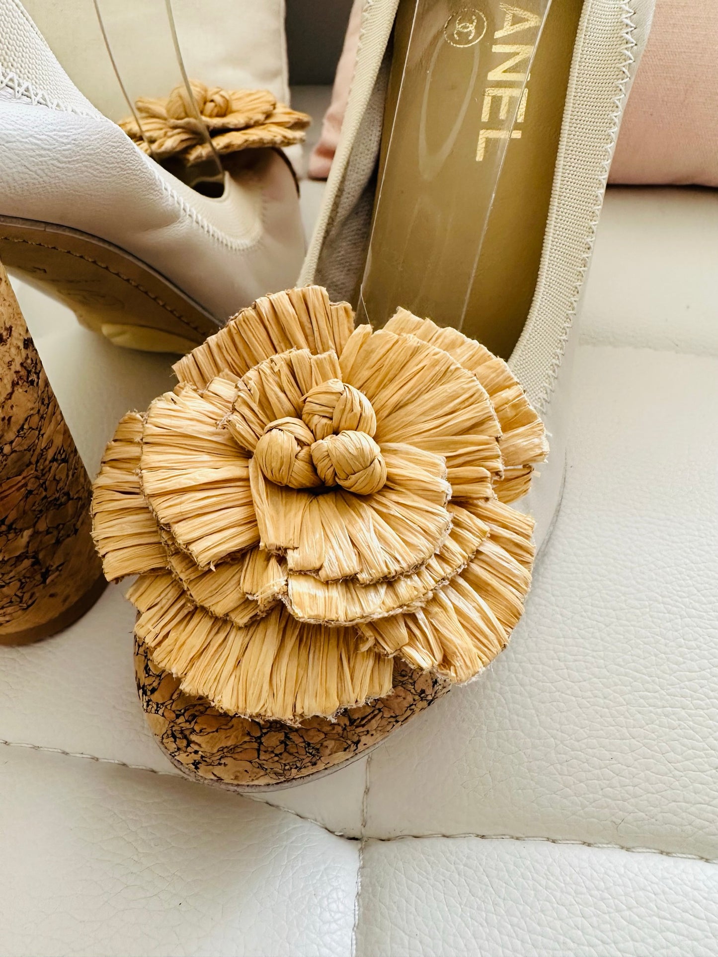 Chanel cork leather spirit pump with camellia 40