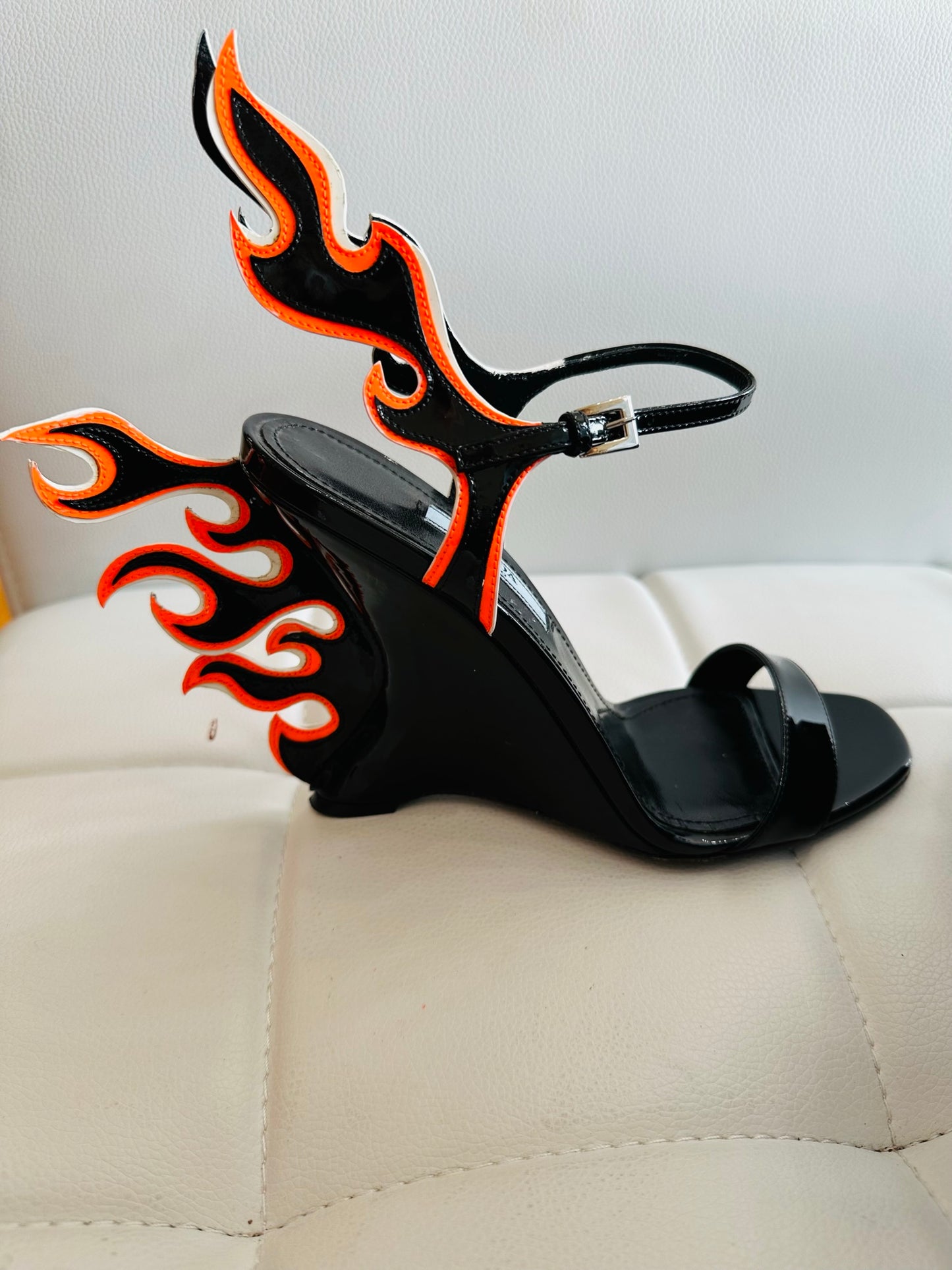 Prada black orange flame heels sandals shoes 37