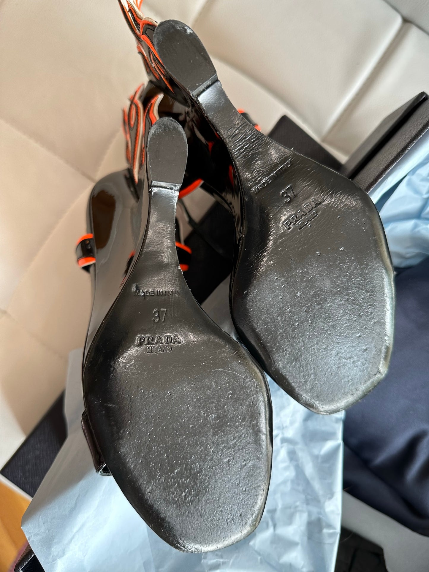Prada black orange flame heels sandals shoes 37