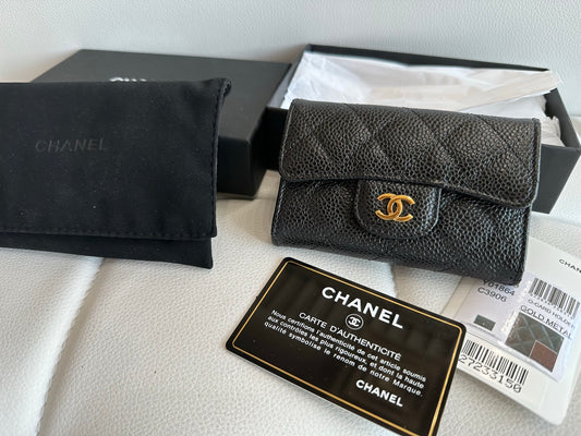 Chanel o card case holder black caviar gold cc full set