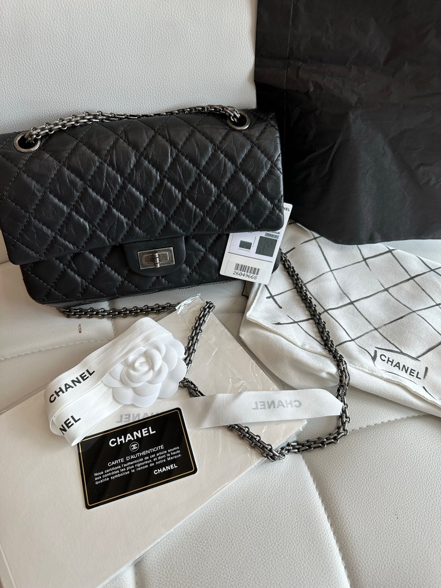 Chanel 2020 aged calfskin 2.55 medium 226 black ruthenium flap bag full set