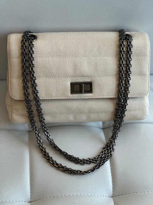 Chanel 1997-1999 ivory fabric flap bag excellent condiiton entrupy
