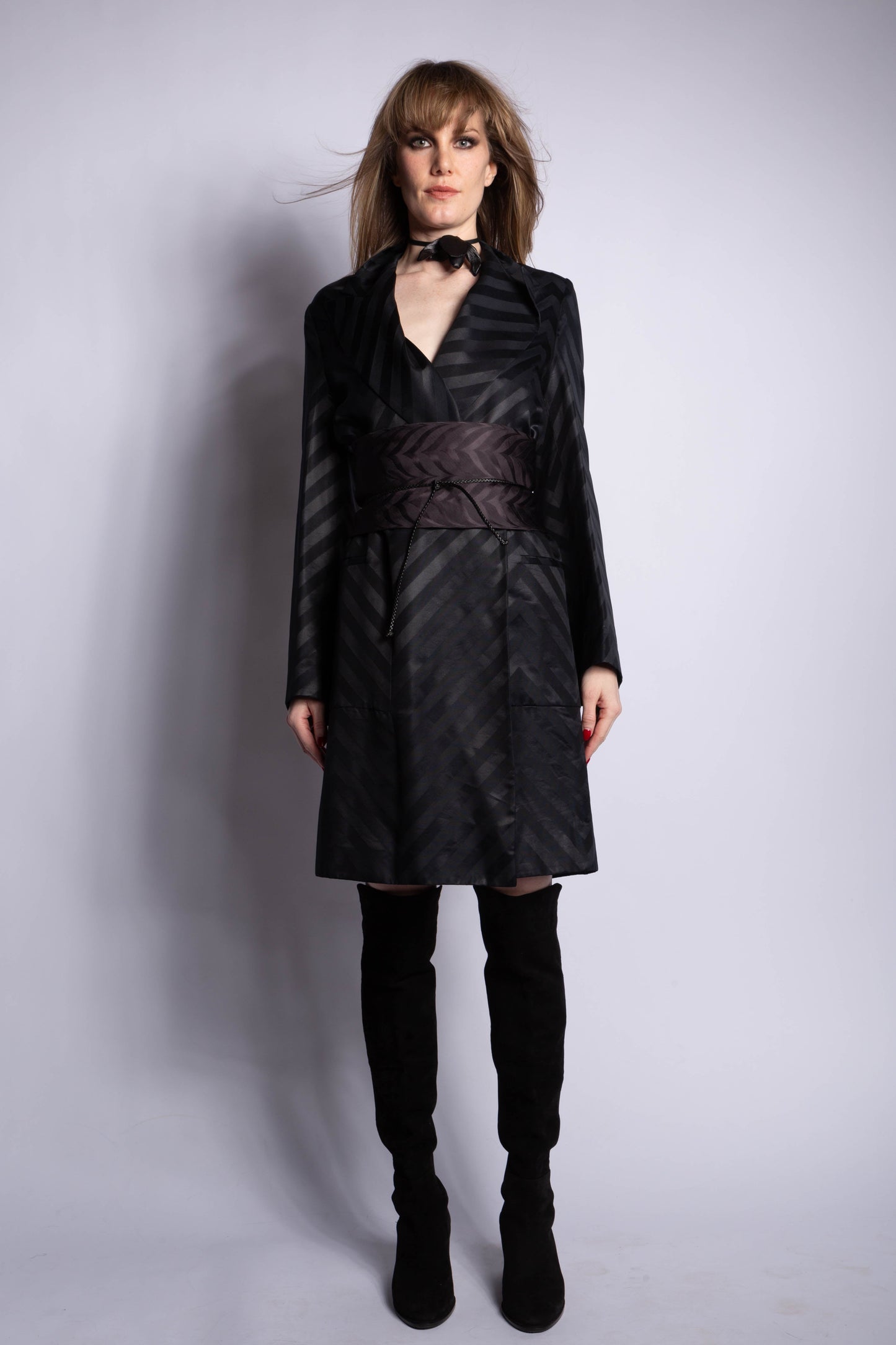 Gucci by Tom Ford F/W 2002 Black Silk Chevron Kimono Coat with Obi Belt IT38