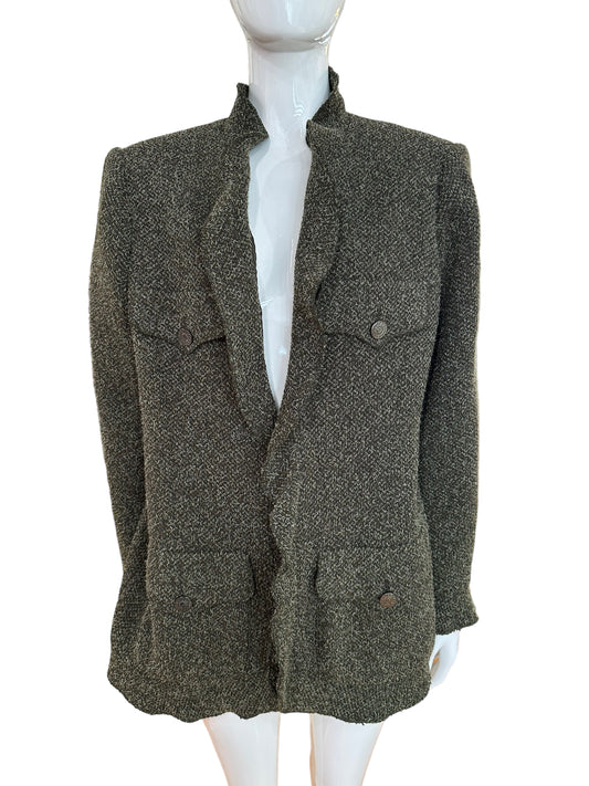 Chanel 1997 green tweed jacket ruffle collar F42