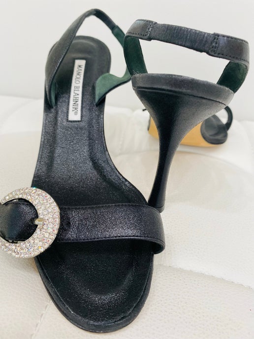 Manolo Blahnik black rhinestone sandals 39 1/2 New in Box