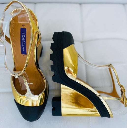 Ralph Lauren Collection Madalynn black gold sandal 39 New in Box